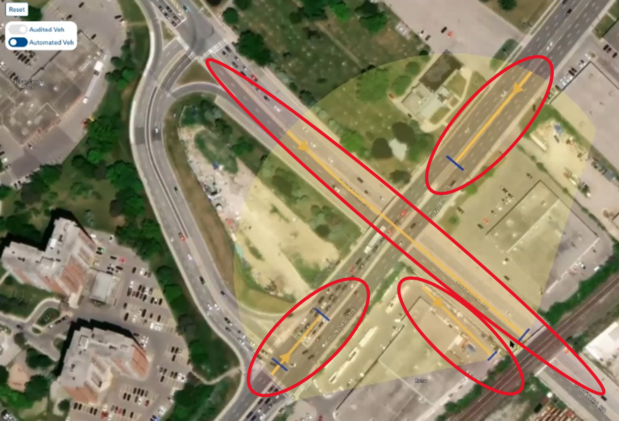 A map showing multiple roadways that intersect with the field of view of a billboard on a roadway