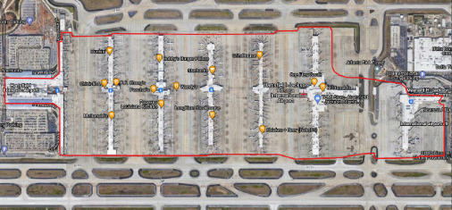 Satellite image with a red outline around the full extent of Atlanta International Airport