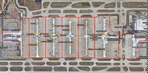 A satellite image of Atlanta International Airport, with multiple red outlines subdividing the airport terminals