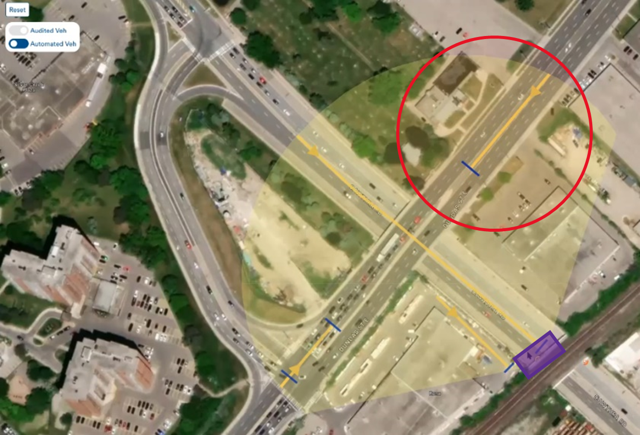 A map showing a field of view of a billboard on a roadway 