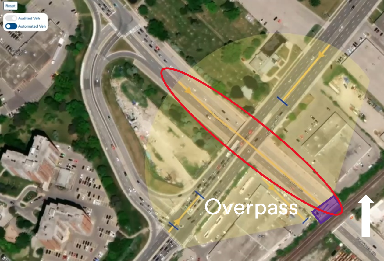 A map depicting an overpass that crosses over a roadway leading to a billboard 